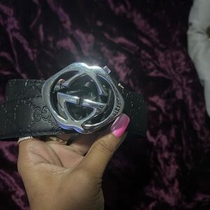 Elegant Black gucci Designer Belt with Silver Buckle and gg logo on the leather